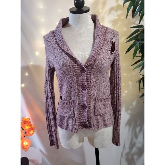 Polo Shawl Neck Embroidered Ribbed Burgundy Knit Cardigan Sweater Women's Size S - Picture 1 of 10